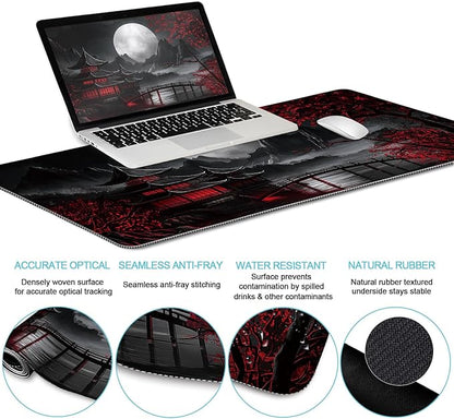 LIMKRIAN Japanese Mouse Pad Large Desk Mat Set, XXL Anime Full Moon Ergonomic Mousepad with Wrist Rest, Wrist Support Gaming Keyboard Mat Cup Coaster Set, Japanese Style Office Desk Accessories