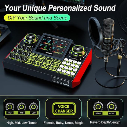 Audio Mixer, Sound Board for Pc/Phone Live Streaming Singing Gaming, Sound Mixer for 3.5/6.35mm Dynamic Microphone, Live Sound Card with DJ Mixer Effects & Voice Changer, Denoise, One Click Mute