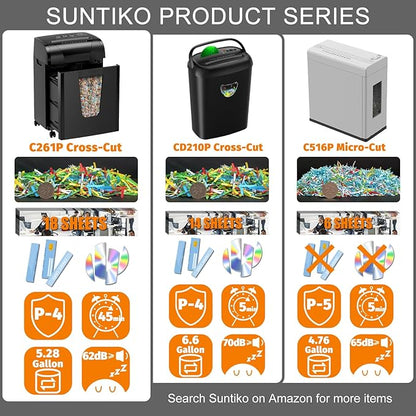 Suntiko Paper Shredder, 18-Sheet Cross Cut Level P-4, Shred Paper/Credit Card/CD, with Large Pull Out Bin，Insert Auto Jam Proof System Shredder for Home&Office
