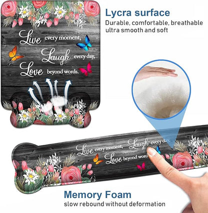 Keyboard Wrist Rest + Mouse Pad Wrist Support Set with Coasters, Non-Slip PU Base Ergonomic Mousepad for Home Office Working Studying Easy Typing & Pain Relief, Floral Quote Live Laugh Love