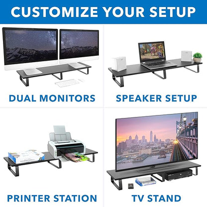 Mount-It! 39" Extra Long Dual Monitor Stand Riser – Ergonomic Desk Organizer for 2 Monitors, Laptop, TV, or Printer – Heavy-Duty Steel & Wood Desktop Shelf with Storage – Supports 44 Lbs – Black