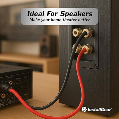 InstallGear 14 Gauge Speaker Wire - 100 Ft Copper Clad Aluminum Speaker Cable with 12 Banana Plugs for Easy Installation - Flexible PVC Jacket for Home Theater and Car Audio