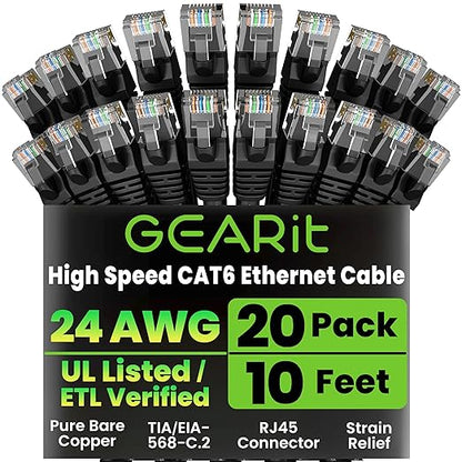 GEARit Cat 6 Ethernet Cable Pack - 20-Pack 10 ft Cat6 Ethernet Patch Cables | RJ45 Network Patch Cable, 10 Gbps Snagless Gold-Plated Connectors - Ethernet Cable Cat 6 for PC, TV, Router - Black