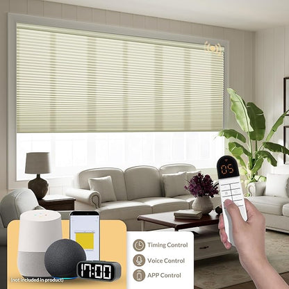 Boolegon No Drill Motorized Cellular Blinds with Remote Motorized Blackout Honeycomb Blinds for Indoor Windows Easy to Install Automatic Cellular Shades for Home,Light Filtering Beige,Custom Size