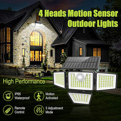 daphino 3000LM Solar Lights Outdoor with Motion Sensor,4 Head 270° Wide Angle Street Area Lights,IP65 Waterproof Security Lighting with 3 Modes(Remote,2 Pcs)