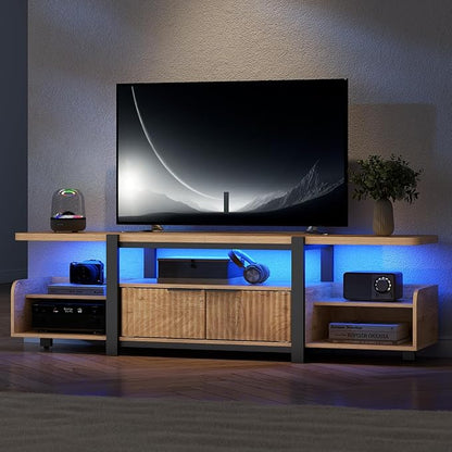 TV Stand with LED Lights and Storage cabinet for TVs up to 55"/65'', Modern Entertainment Center with Open Shelf, TV Cabinet, Media Console Table with Fluted Doors for Living Room, Bedroom, Oak