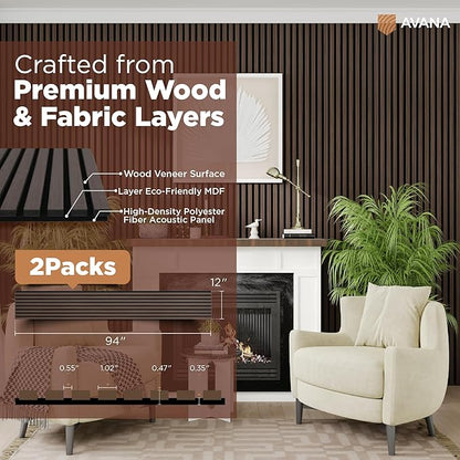 Avana Acoustic Wood Wall Panels – 94.4 x 12.6 Inch Dark Walnut Acoustic Panels 2 PCs – Wall Panels For Interior Wall Decor for Homes, Offices, Studios – Aesthetically Pleasing Wood Panels For Wall