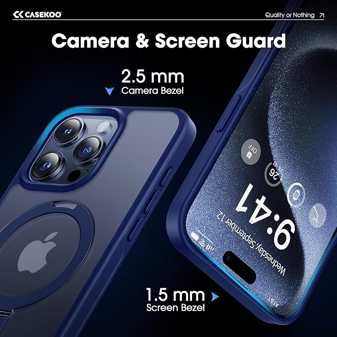 CASEKOO Designed for iPhone 15 Pro Case with Magnetic Invisible Stand [Military Drop Protection] [Compatible with MagSafe] Shockproof Slim Translucent Matte Pro Case 6.1 Inch, Blue