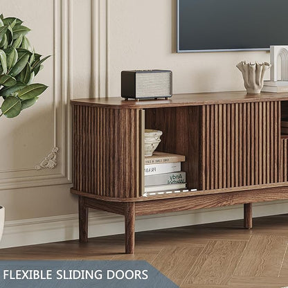 CHUWELL 86.6'' Fluted TV Stand for 75/80/85 Inch TVs, Mid Century Modern Entertainment Center with Large Storage Space & Open Shelves, Walnut TV Console with Sliding Doors for Living Room, Bedroom