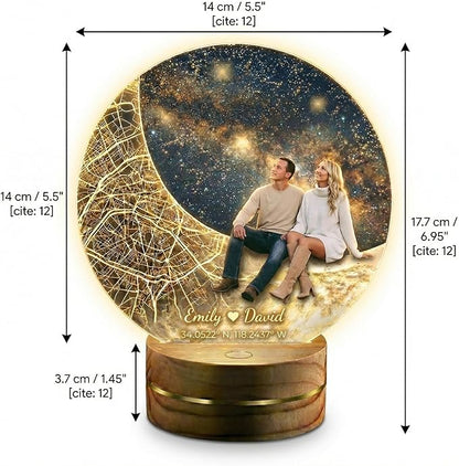 MamaEra Valentine’s Day Gift 2026 - Personalized Map Night Light with Photo & Coordinates – Custom Acrylic Moon Lamp with Wooden Base, Remote Control – Romantic Gift for Couples, Anniversary