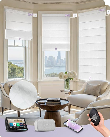 Graywind Smart Roman Shades Compatible with Alexa Google WiFi Hardwired Automatic Blind with Remote Light Filtering Plain Fold Soft Roman Window Shades for Windows Doors, Custom Size (Floral White)