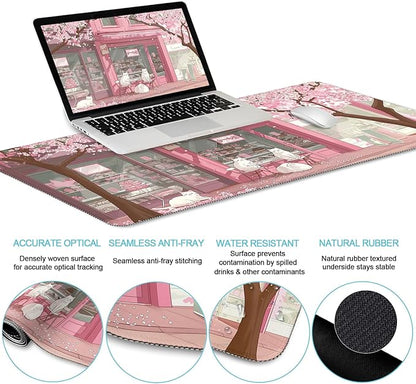LIMKRIAN Anime Cat Mouse Pad Set, XXL Gaming Mouse Pad with Wrist Rest, Keyboard Mat, Cat Coaster, Cute Office Desk Decor Accessories, Pink Lycra