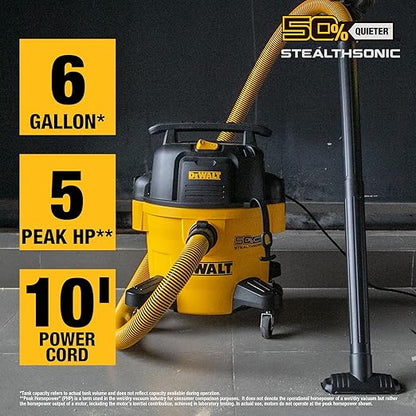 DEWALT 6-Gallon STEALTHSONIC Ultra Quiet Poly Shop Vacuum Wet and Dry with 6 Dust Bags, 5 Peak HP Noise Reduction Wet/Dry Vac for Jobsite, Workshop, and Garage, DXV06P-QTB