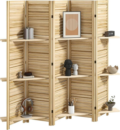 HOMCOM Room Divider, 5 Panel 67" Tall Wood Privacy Screen with 3 Display Shelves, and Folding Storage for Bedroom or Home Office, Natural Wood