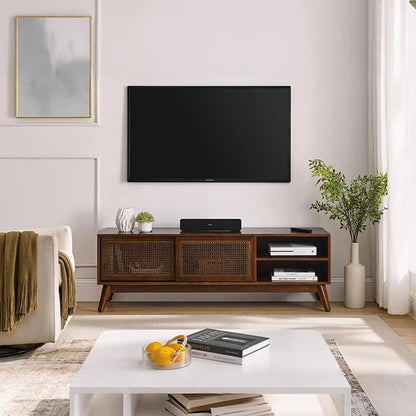 LKTART TV Stand for TVs up to 65'',Mid Century Modern Entertainment Center with Rattan Sliding Door,Boho Media Console for Living Room(Dark Walnut, 59")