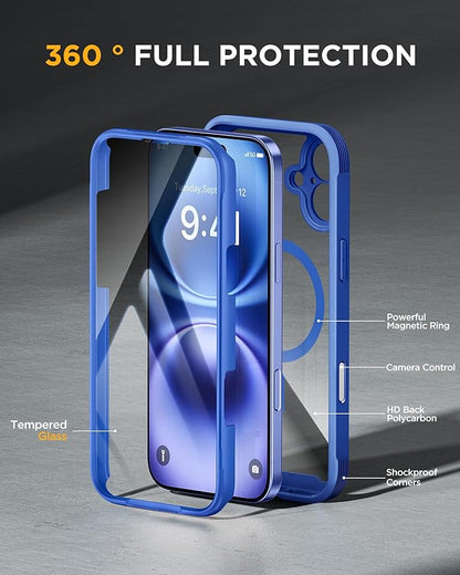 Miracase for iPhone 16 Case 6.1'', [Bubble Free] Full-Body Bumper Phone case with Built-in Full Glass Screen &Lens Protector,No Gap,Compatible with MagSafe,Drop Proof 16 Cover,Blue