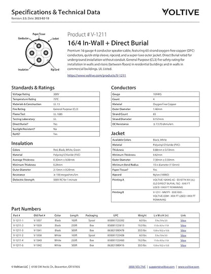 Voltive 16/4 Speaker Wire, in-Wall CL3 & Direct Burial, White, 250ft - 16AWG, 4 Conductors, Stranded Oxygen-Free Copper, UL Listed - V-1211-4