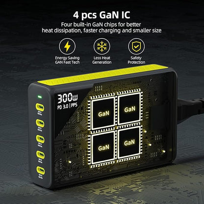 HUNDA 300W USB C Charger GaN Charging Station Desktop 5 Ports PD 100W Fast Power Adapter Support PD3.0 /PPS 45W /QC5 for MacBook Pro/Air, iPhone 15 Pro,Samsung,HP,Dell etc