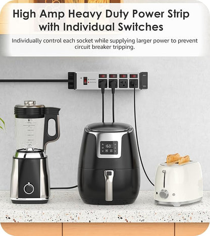 CCCEI Heavy Duty Surge Protector Power Strip 20 Amp Individual Switches. 4FT 12 Gauge Extension Cord with Multiple Outlets. Kitchen, Garage, Shop, Industrial Wall Mount Electric Extender, Grey.