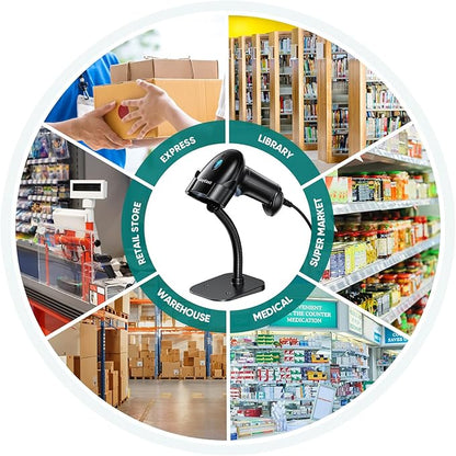 Barcode Scanner with Stand, USB Wired Inventory 2D 1D QR Code Scanner for Computer POS MAC with Automatic Screen Scanning, Handheld CMOS Image Bar Code Reader for Warehouse Library Supermarket