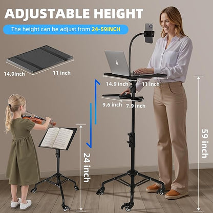 STEADUS Projector Stand Tripod – 24 to 59 Inch Adjustable Height – Dual Shelves Laptop Tripod Stand with Moveable Wheels and Phone Holder, Portable Laptop Stand for Office, Stage & Outdoor Use
