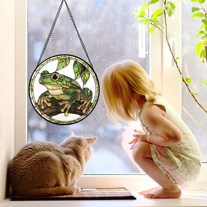 DASTOLL Stained Glass Window Hanging, Frog Green Leaf Sun Catchers Colorful Glass Panel Cool Suncatcher Decor for Birthday for Women, Men, Wife, Aunt, and Mom 9.8 in