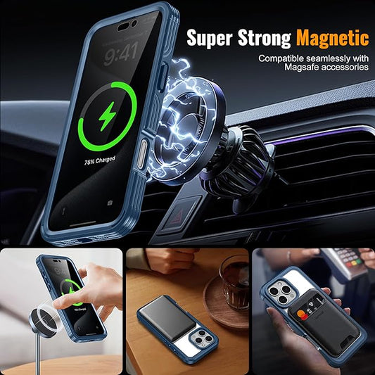 360° Protection Magnetic for iPhone 16 Case Built-in 9H Privacy Screen Protector & Metal Stand[Fit for Magsafe][Anti-Spy][Lens Protector] (Dark Blue, Phone 16 Pro Max)
