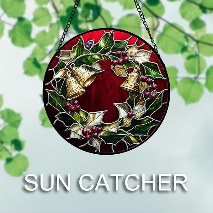 AMDERVEN Stained Glass Window Hanging 4 Pcs Set Christmas Golden Bell Sleigh 9.8" - Suncatcher Door Garden Sun Catcher Decor Birthday Mother's Day Xmas Gifts for Mom Woman Nana Men Parents