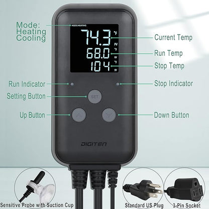 DIGITEN Waterproof Digital Temperature Controller for Aquarium, Greenhouse & Outdoor Heating - 10A Heat Mat Thermostat Controller