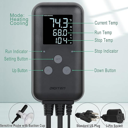 DIGITEN Waterproof Digital Temperature Controller for Aquarium, Greenhouse & Outdoor Heating - 10A Heat Mat Thermostat Controller