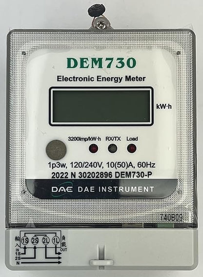 DAE DEM730P Electric kWh Submeter, RS485, 1P3W (2 Hot wire, 1 Neutral), 120/240V, 50A, Internal CT