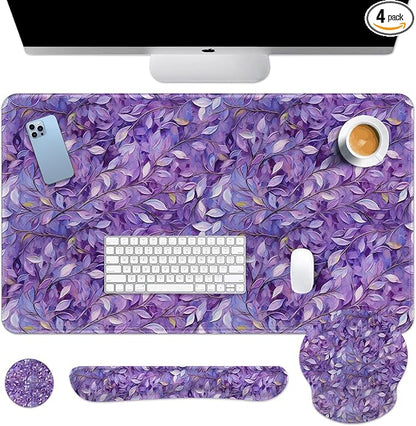 Britimes Purple Oil Painting Leaves Keyboard Mouse Pad Set Plant 4in1 Large Mousepad+Keyboard Wrist Rest+Mouse Wrist Rest+Coaster Ergonomic Design for Home Office Computer 35.4x15.7 inches