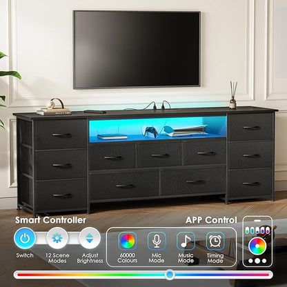Huuger 63 Inch TV Stand for 65, 70 Inch TV, 11 Drawer Long Dresser with Power Outlets and LED Lights, Entertainment Center with Storage, Black Dresser with PU Leather Surface