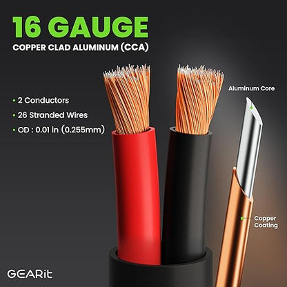 GEARit Outdoor Speaker Wire CL3 Rated, 16 Gauge Speaker Wire, Speaker Cable 100 ft for Outdoor Speakers, Patio, Garden, Backyard Audio, Direct Burial in Ground/in Wall, CCA (Black, 2-Conductors)