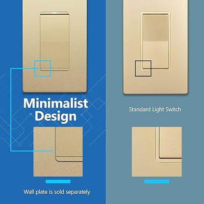 LIDER Minimalist Design Matte Finish Lighted Decorator Switch with Screwless Wall Plate, Frameless Paddle Light Switch with Locator Light, 3-Way, Grounding Screw, 15A 125V, UL Listed, Gold