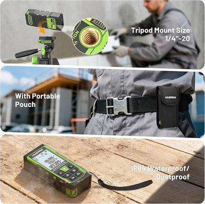 Huepar 3-in-1 Laser Measuring Tool, 400Ft Laser Measure & 33Ft Green Cross Line Laser Level & 6.5Ft Tape Measure, Rechargeable, Voice Broadcast, Multi-Mode, Rugged for Construction &Home Use, SW-T120