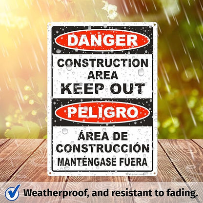 Brimar - 10" x 14" - Bilingual Danger Construction Area Keep Out Sign - .055″ Polyethylene Plastic - Bold Text - Easy Installation