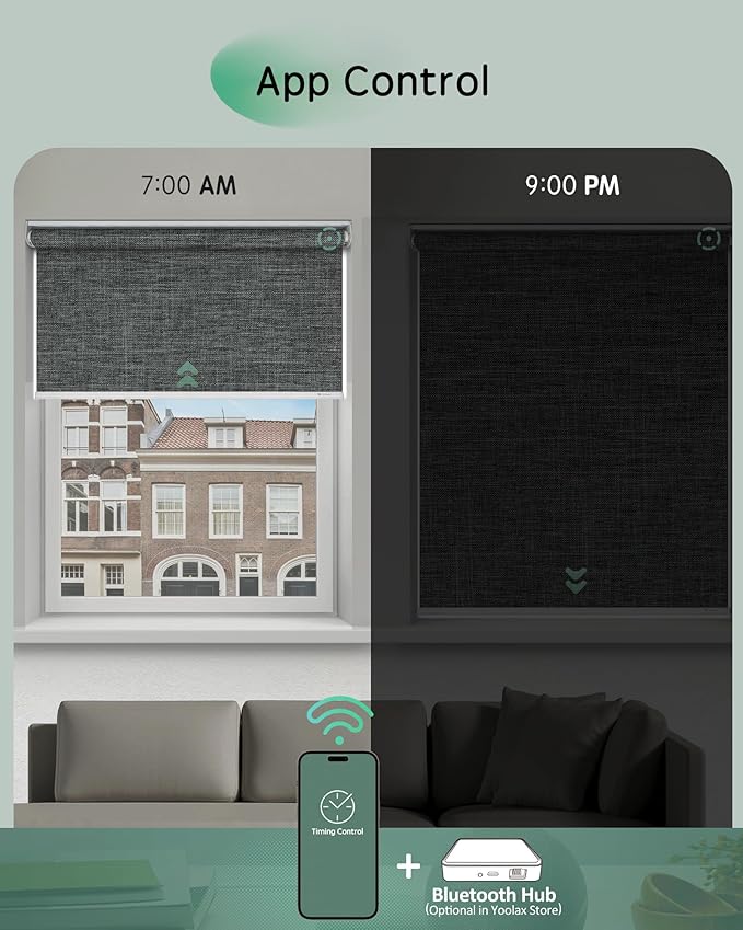 Yoolax Motorized Blinds App Control, Blackout Roller Shades for Windows, Cordless Automatic Shades Roller Window Blinds for Bedroom Living Room Office (Blackout Ashfall Gray, 24" W x 72" H)