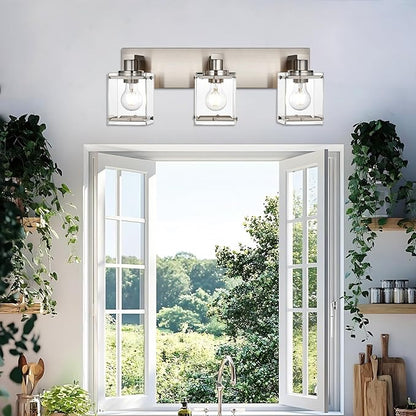 WINSHEN 3-Lights Bathroom Wall Light Fixtures E26 Bulb Base, Brushed Nickel Vanity Lighting Fixtures Over Mirror with Clear Glass Shades for Living Room Hallway Kitchen