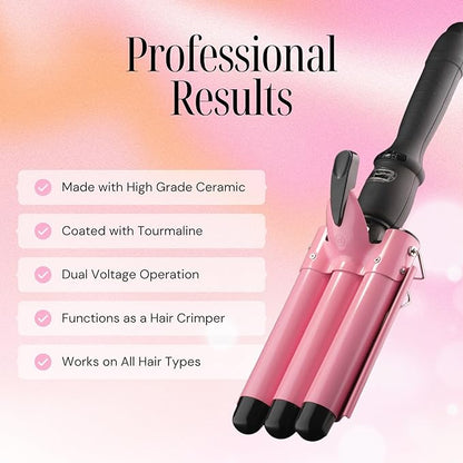 Alure Three Barrel Curling Iron Wand Hair Waver with LCD Temperature Display - 1 Inch Ceramic Tourmaline Triple Barrels, Dual Voltage Crimp