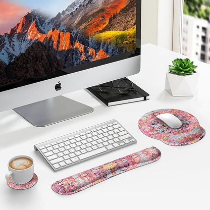 iLeadon Ergonomic Mouse Pad Set with Wrist Rest, Boho Design, Easy Typing & Pain Relief, Non-Slip Base for Home, Fuchsia