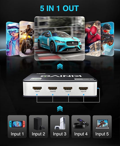 Kinivo HDMI Switch 5 in 1 Out 4K 60Hz (HDR 10, High Speed 18Gbps, IR Remote, HDCP2.2, Dolby Vision, VRR) - 550BN Switcher Compatible with Roku, PS5, Xbox, Apple TV, Nintendo Switch 2, Cable Box