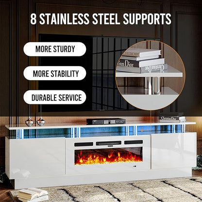 oneinmil Fireplace TV Stand with 36” Electric Fireplace, 70” 2 Tier TV Console Stand for TVs Up to 80", LED Light Entertainment Center, Fireplace for The Living Room TV Stand, White