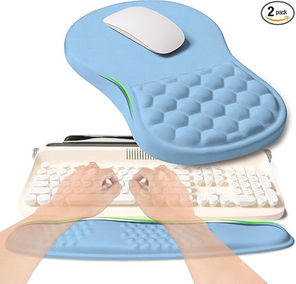 KUOSGM 2-in-1 Ergonomic Set, Wave Rise Keyboard Wrist Rest and Massage Bulge Slope Mouse Pad Wrist Support, Cushion Memory Foam Integrated to Relieve Wrist Pain, Lake Blue