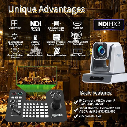 Zowietek PTZ Controller 7D Joystick Keyboard, ZowieKBD, 5'' LCD Quad-Screen Real-time Preview Display, HDMI Output, Automatic Camera Detection, Group Control, Tally, VISCA/PELCO, Non-NDI Model