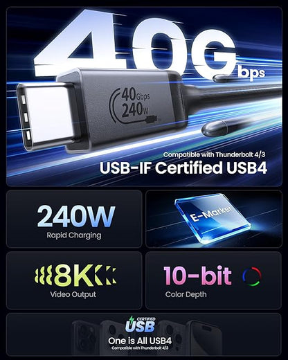 Silkland USB 4 for Thunderbolt 4 Cable [USB-IF Certified], 40Gbps Data Sync, 240W PD 3.1, 8K/5K@60Hz, USB C Thunderbolt Cable 4FT/1.2M, Compatible for MacBook, iPhone 17/16, SSD, Docking, eGPU,Monitor