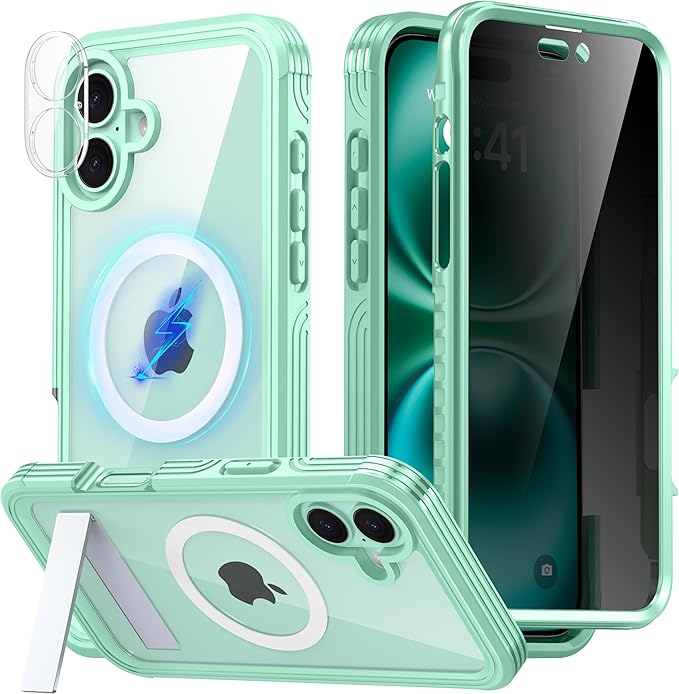 Magnetic & Stand for iPhone 16 Plus Case Built-in Privacy Screen Protector[360° Full Body Protection][Fit for Magsafe][Lens Protector] Heavy Duty Shockproof Phone Case for iPhone 16 Plus Green