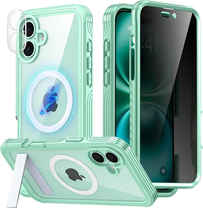 Magnetic & Stand for iPhone 16 Plus Case Built-in Privacy Screen Protector[360° Full Body Protection][Fit for Magsafe][Lens Protector] Heavy Duty Shockproof Phone Case for iPhone 16 Plus Green