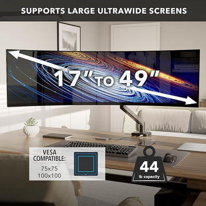 Mount-It! Proflex Series Heavy-Duty Monitor Desk Mount, Fits 17–49” Ultrawide Screens, Full Motion Gas Spring Arm, 44 lbs Capacity, USB-C & USB 3.0 Ports, VESA 75/100, Clamp or Grommet Base