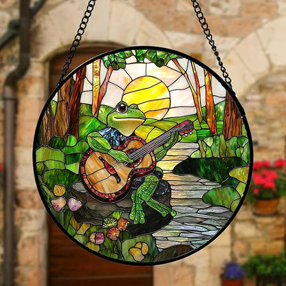 DASTOLL Stained Glass Window Hanging, Frog Playing Guitar Suncatcher Diamond Glass Panel Funny Sun Catchers Decor for Birthday for Women, Men, Wife, Aunt, and Mom 6.3 in